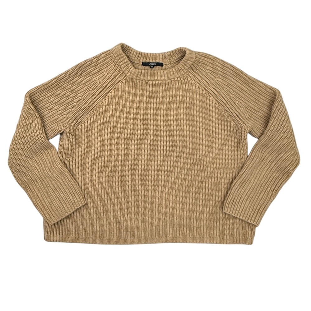 Quince Fisherman Crew Sweater Women Medium Camel Brown Organic Cotton Rib Knit